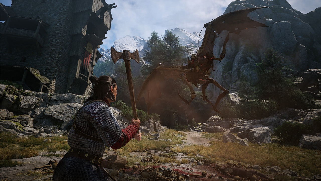 Coen wielding a great axe in combat against a large beast outside a stone fortress.