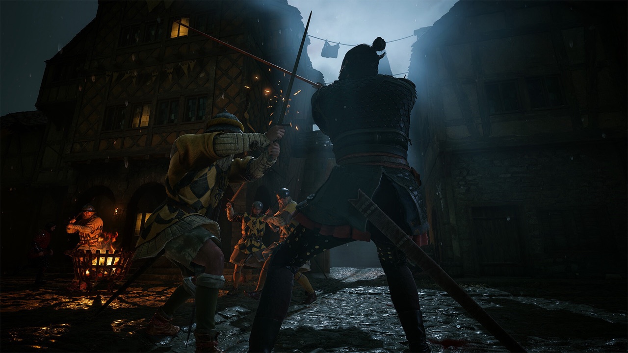 A night battle, a character firing a crossbow at an enemy.