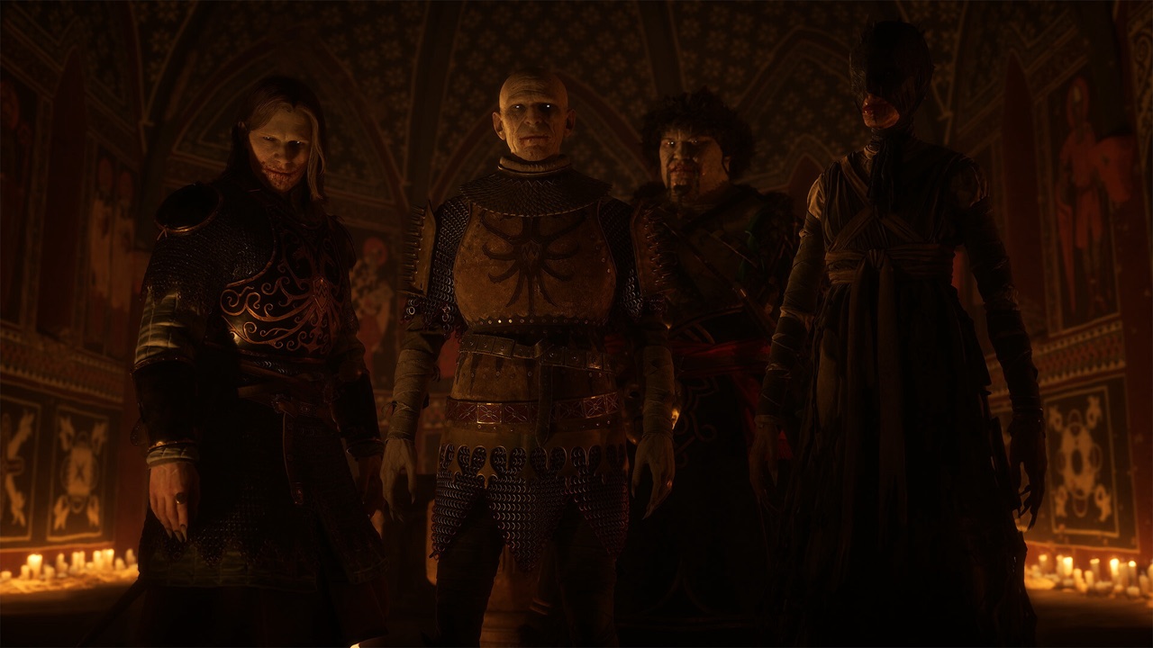 Four figures standing in a candlelit gothic hall.