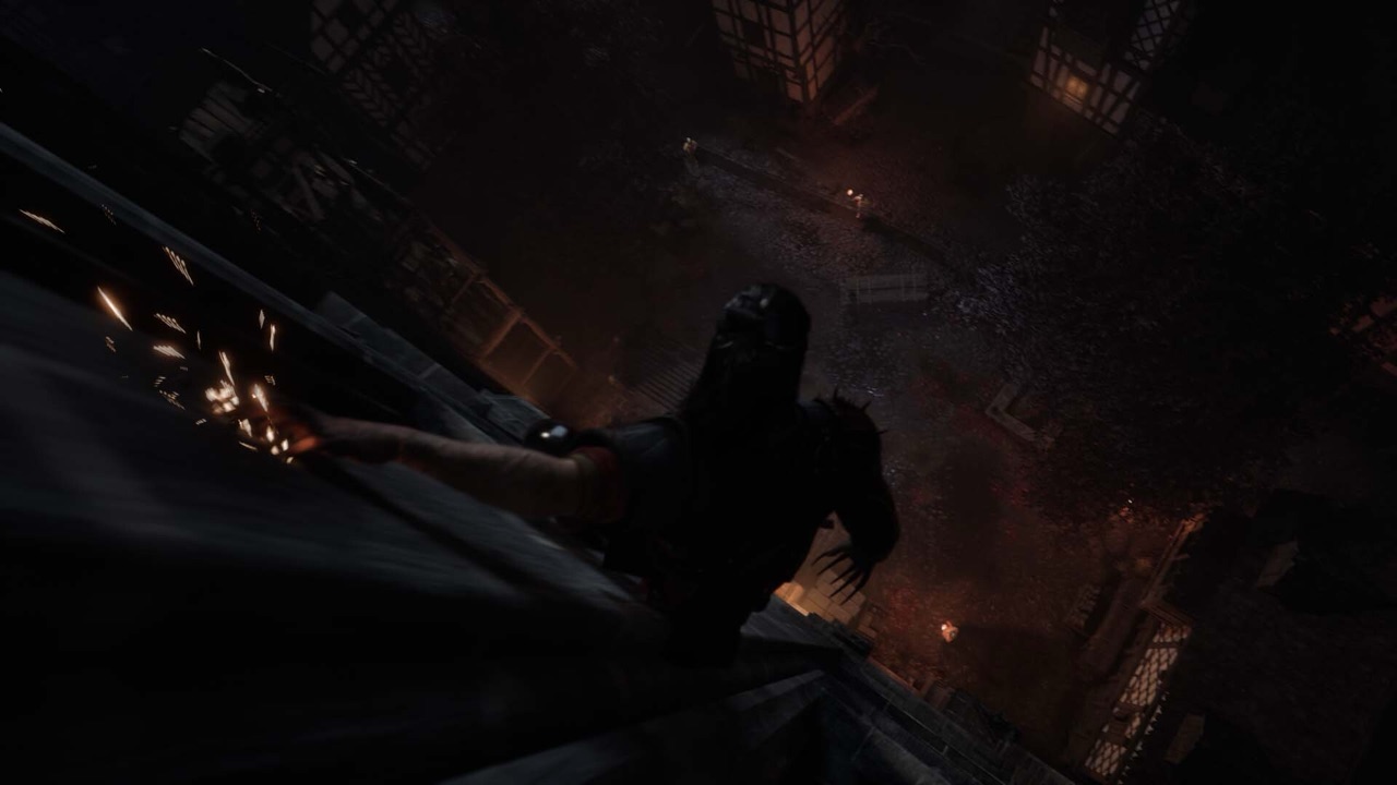 A character leaping from a rooftop at night, sparks flying.